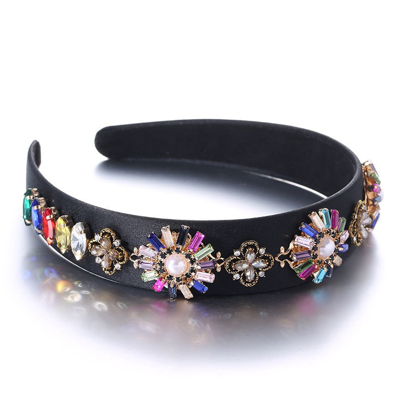 Fashionable Baroque Retro Set Water Diamond Flower Wide Edge Pearl Hair Hoop - V.I.P Digital Presence