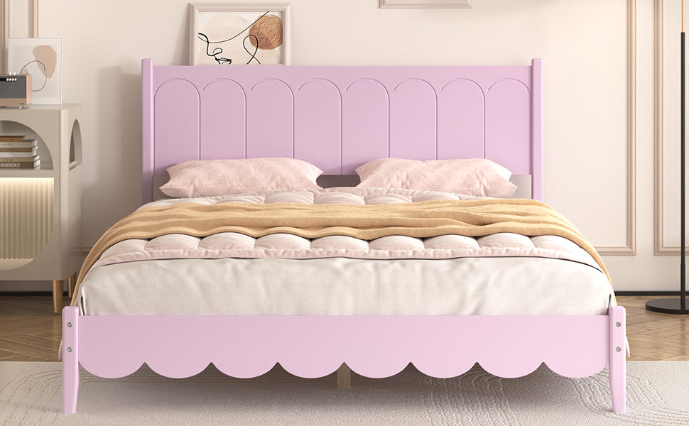 Queen Size Wood Platform Bed Frame, Retro Style Bed with Rectangular Headboard,No Need Box Spring,Pink - V.I.P Digital Presence