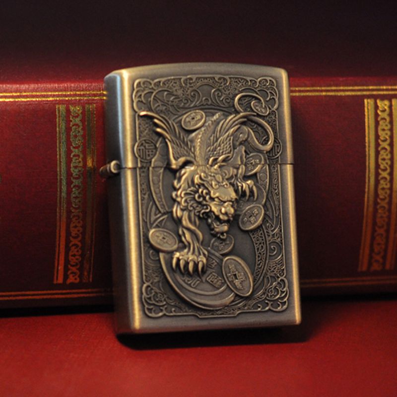 Kerosene lighter windproof retro style grinding wheel personalized bronze relief fuel dispenser - V.I.P Digital Presence