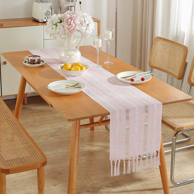Hand - woven cotton and linen table flag with hollow tassels, suitable for household and rural dining tables - V.I.P Digital Presence