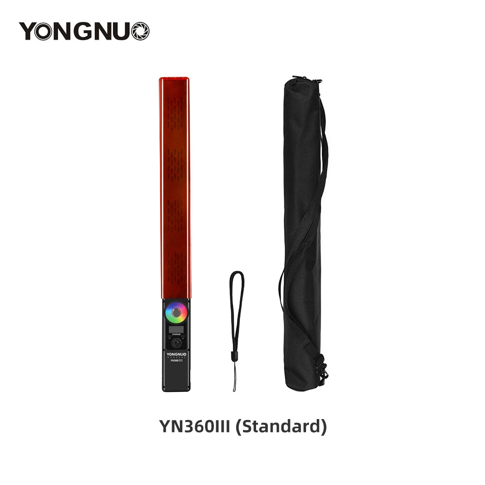 Luz de video LED portátil Yongnuo YN360 III, 3200K-5500K RGB, con ajuste táctil y control mediante aplicación de teléfono.
