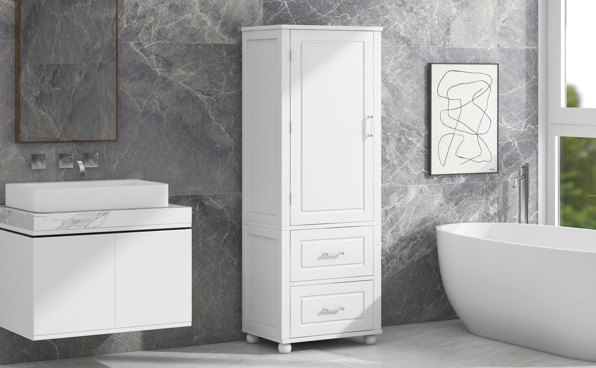 Tall bathroom storage cabinet with two drawers and adjustable shelves for independent storage - V.I.P Digital Presence