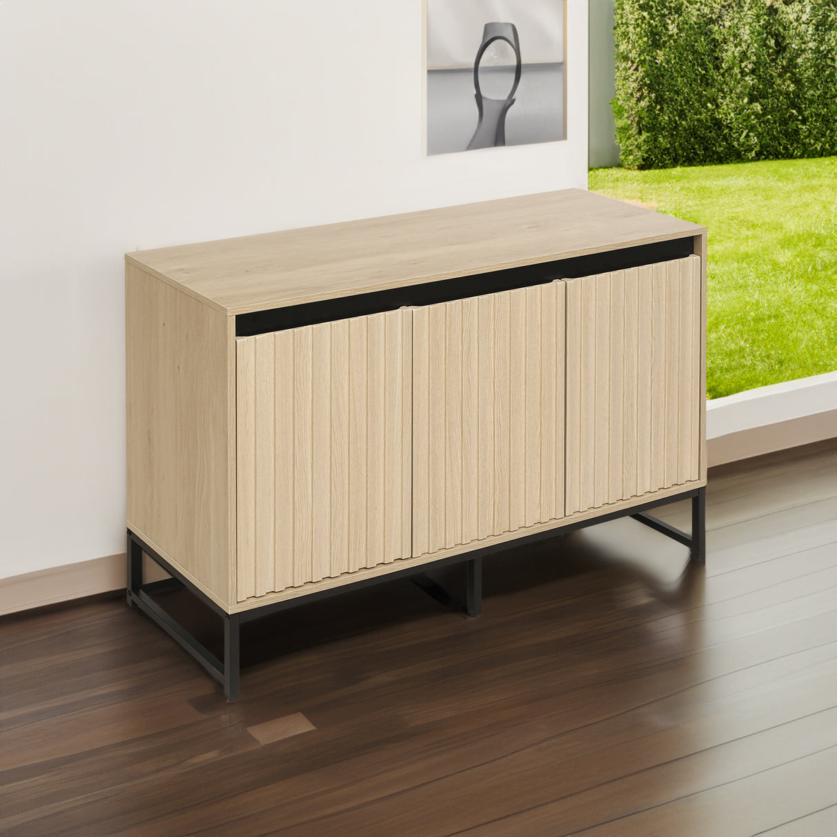 Engraved 3-door side panel with LED, self-service cabinet storage cabinet, modern coffee bar cabinet with adjustable shelf - V.I.P Digital Presence