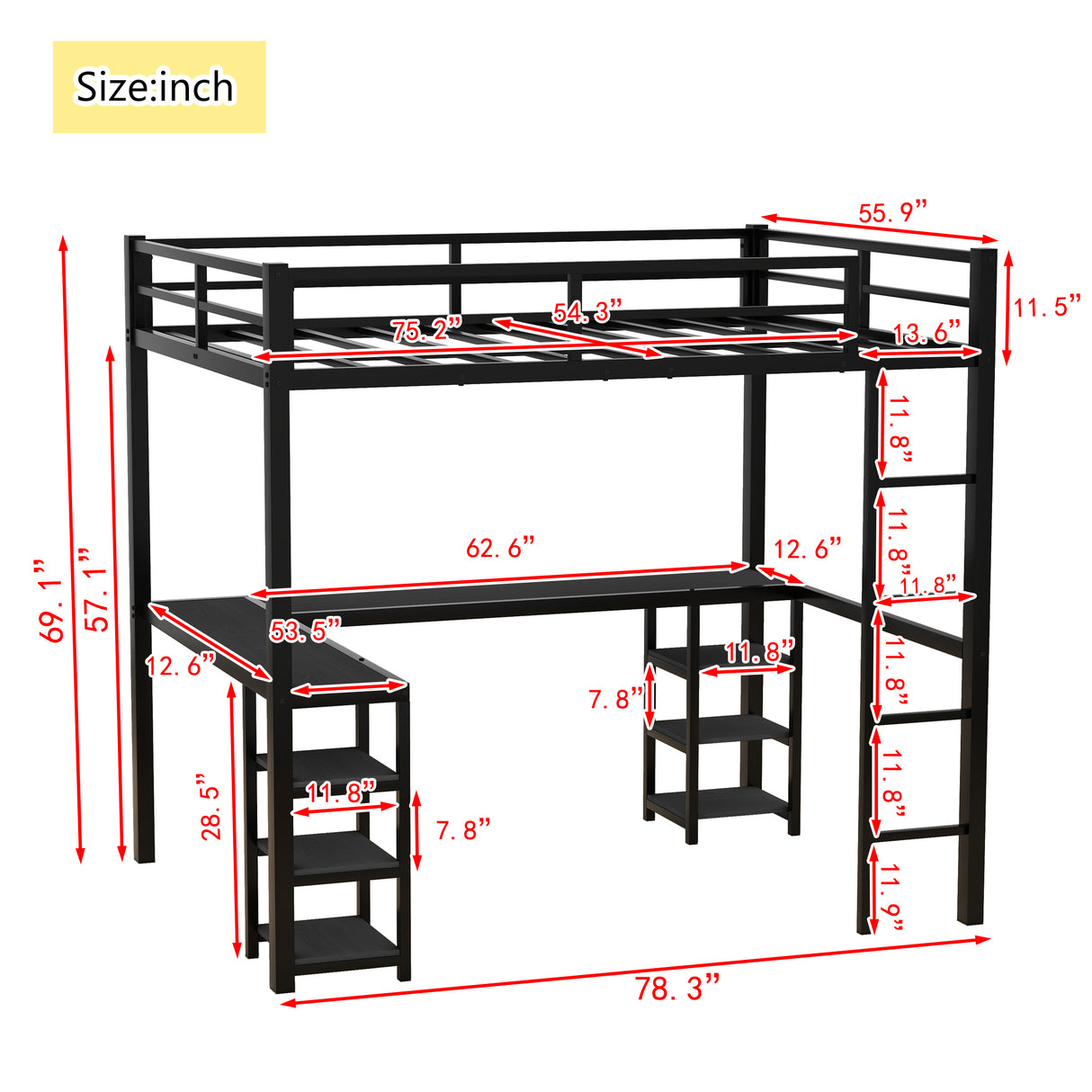 All metal loft bed with desk and shelf, loft bed with ladder and guardrail, black with black desk - V.I.P Digital Presence