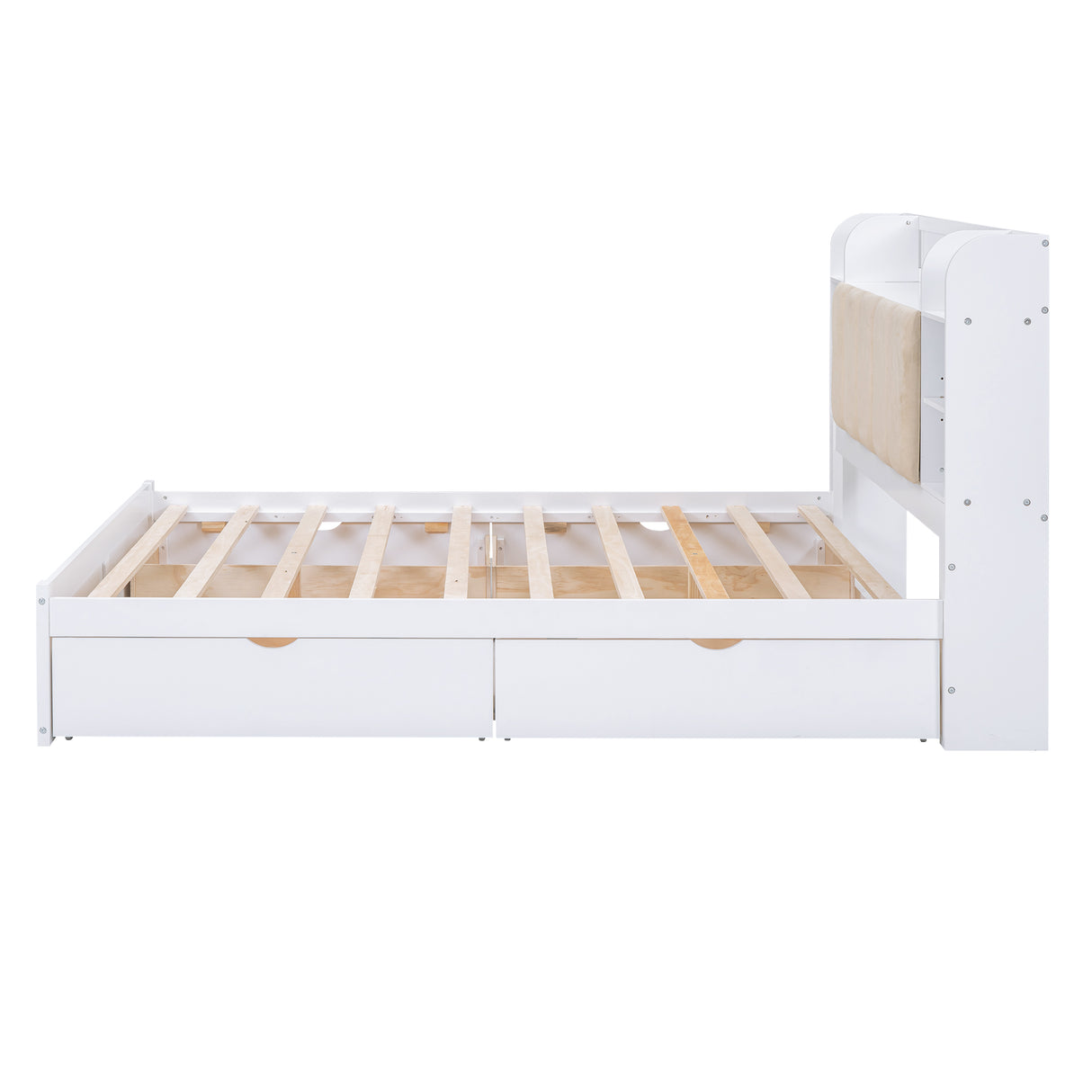 Wood Queen Size Platform Bed with Storage Headboard Shelves and 4 Drawers White