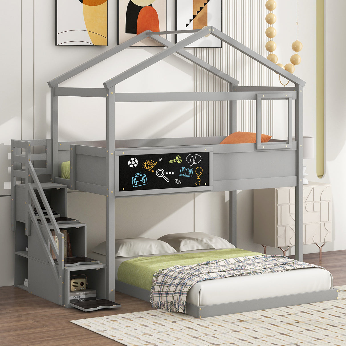 Twin over Full House Bunk Bed with Storage Staircase and Blackboard Gray