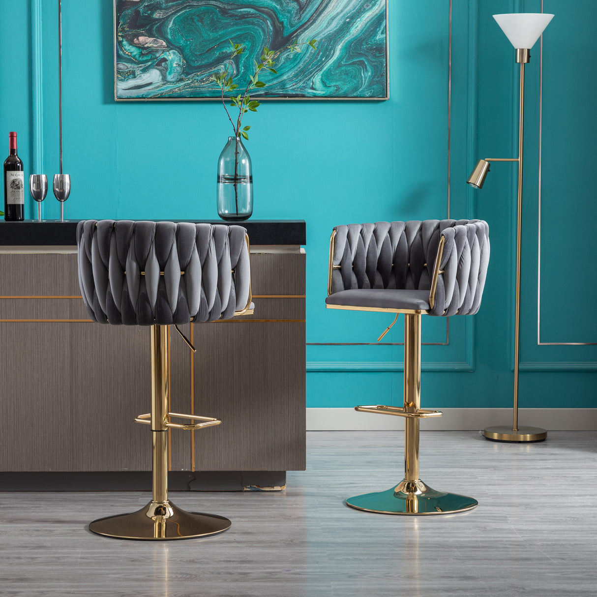 Set of 2 Bar Stools with Chrome Footrest and Base Swivel Height Velvet + Golden Leg Simple Bar Stool-Grey