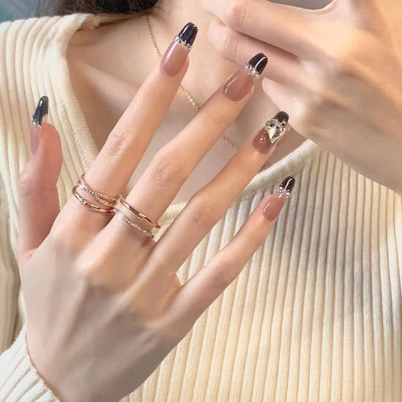 Black French Long Wearing Nail Rhinestone Love Chain Removable Fake Nail Nail Piece Nail Sticker Manicure Nail - V.I.P Digital Presence