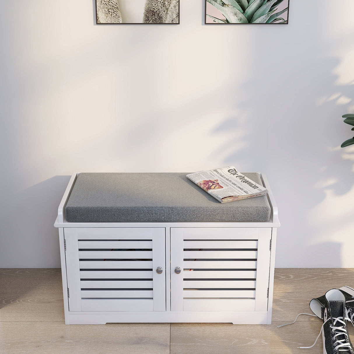 Shoe Storage Bench with Padded Seat Cushion, Entryway Bench with 2 Barn Doors-White - V.I.P Digital Presence