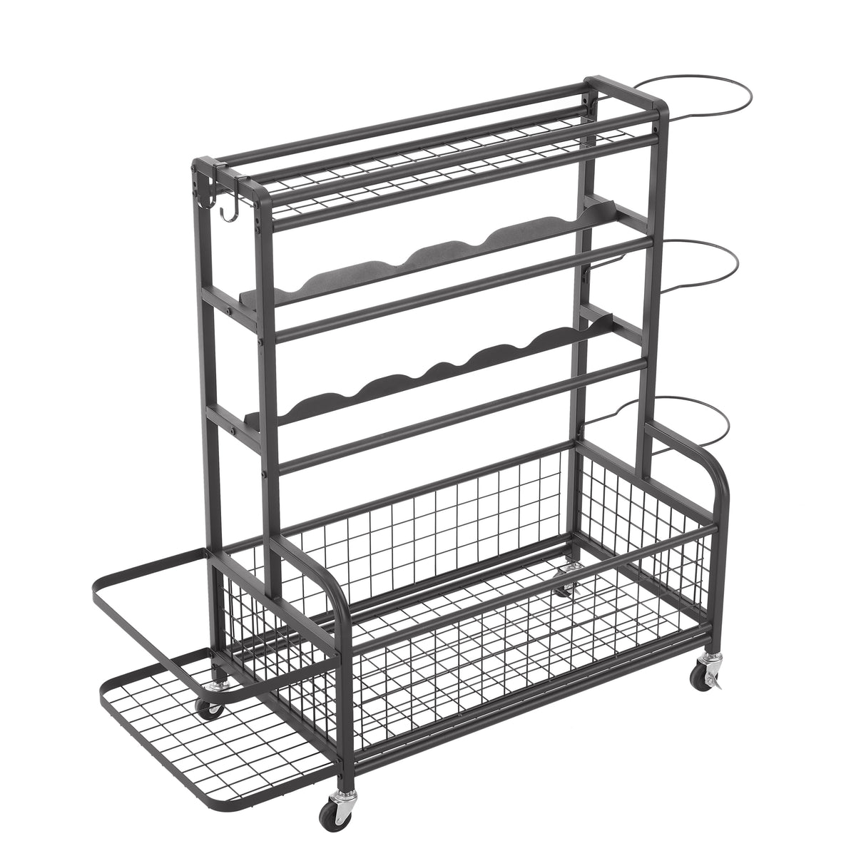 Four layer metal storage rack, large ball storage rack with rollers, baskets, and hooks - V.I.P Digital Presence