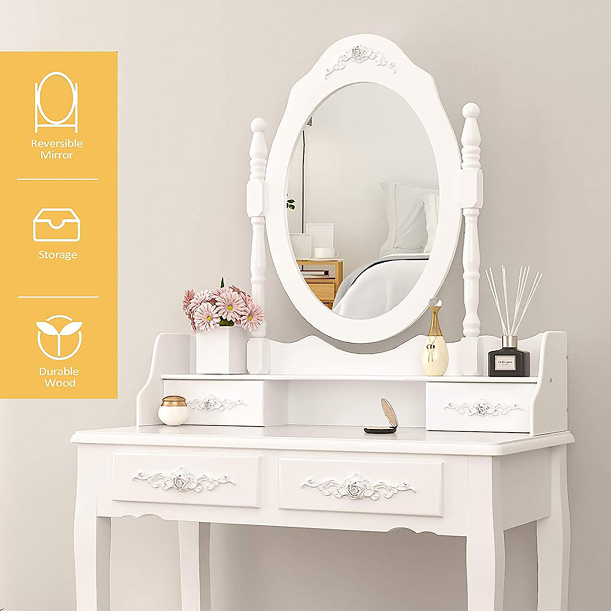 Vanity Table Set with 4 Drawer, Makeup Dressing Table w/Cushioned Stool, Girls Women Bedroom Furniture Set Oval Mirror - V.I.P Digital Presence