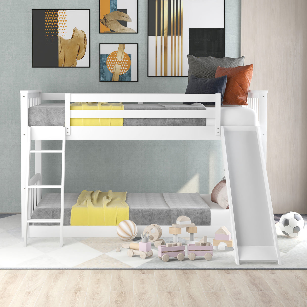 Twin over Twin Bunk Bed with Convertible Slide and Ladder White