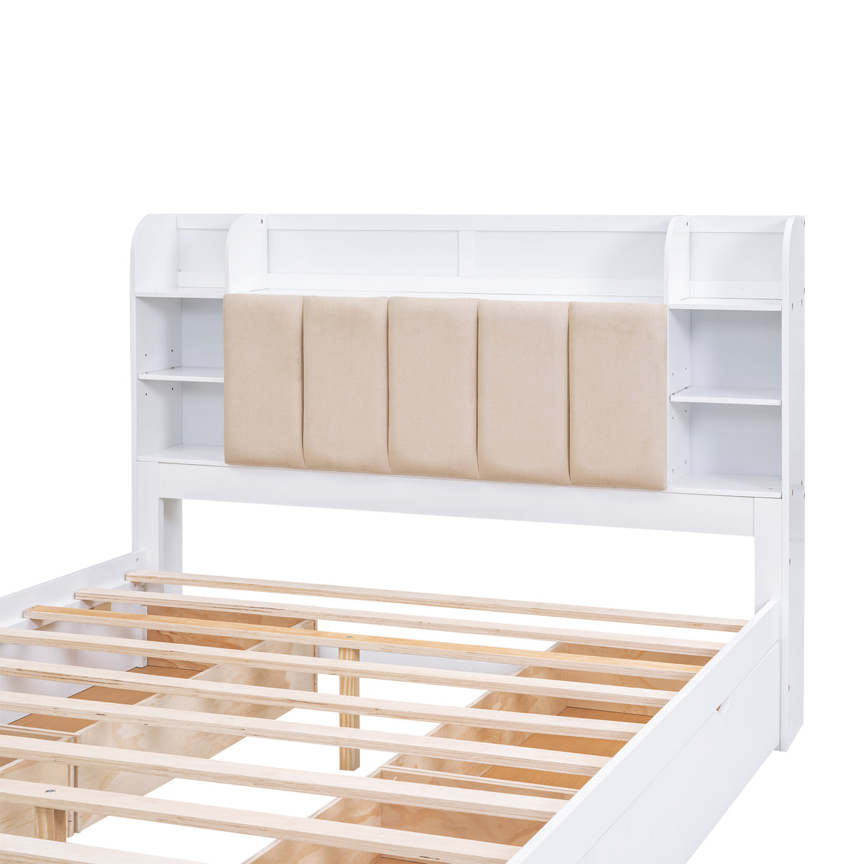 Wood Queen Size Platform Bed with Storage Headboard Shelves and 4 Drawers White
