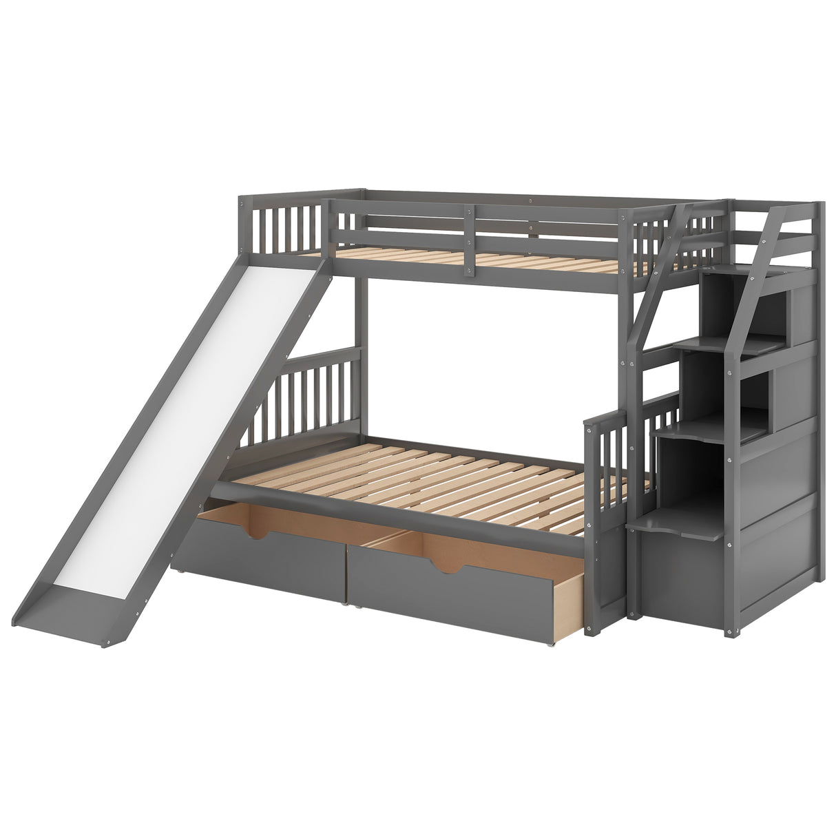 Twin over Full Bunk Bed with Drawers Storage and Slide Multifunction Gray