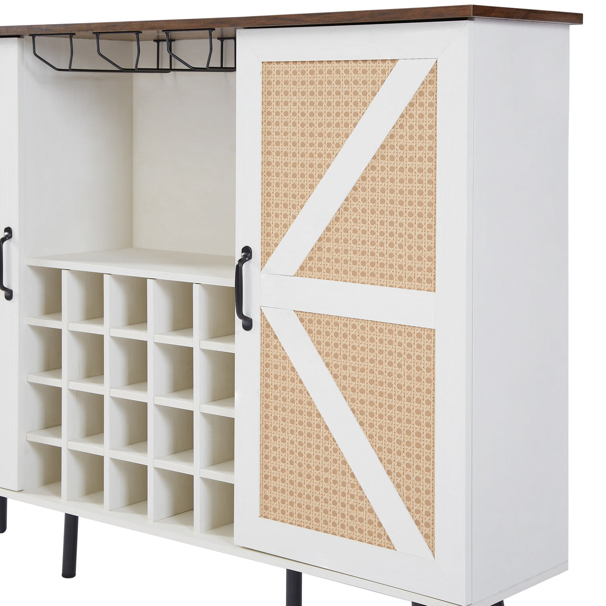 White Faux Rattan Barn Door Wine Cabinet with Wine Rack and Wine Glass Rack, Double Door Design with Removable Shelves - V.I.P Digital Presence