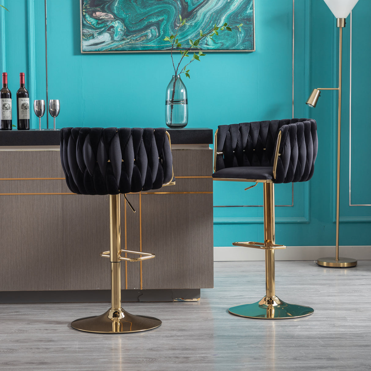 Set of 2 Bar Stools with Chrome Footrest and Base Swivel Height Velvet + Golden Leg Simple Bar Stool-Black