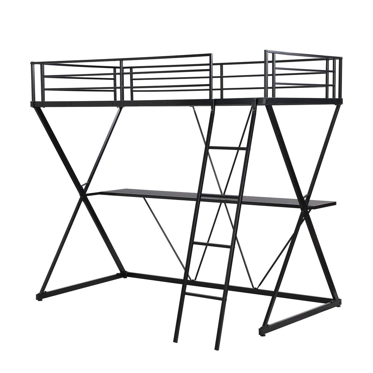 Twin Size Loft Bed with Desk Ladder and Full-Length Guardrails X-Shaped Frame Black