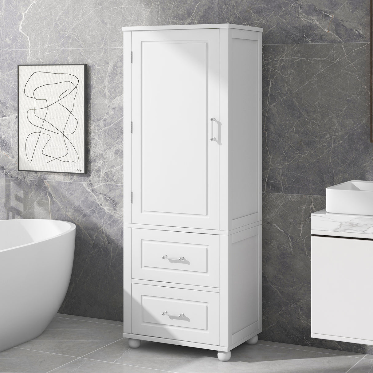 Tall bathroom storage cabinet with two drawers and adjustable shelves for independent storage - V.I.P Digital Presence