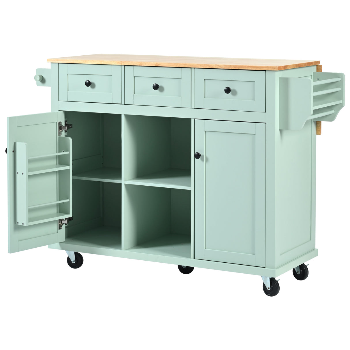 Kitchen trolley, cabinet door internal storage rack with storage cabinet and 3 dining room drawers, mint green - V.I.P Digital Presence