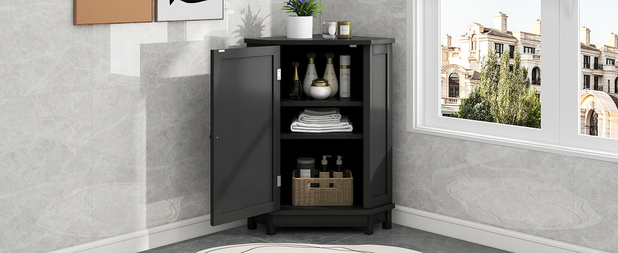 Black Bathroom Cabinet Triangle Corner Storage Cabinet with Adjustable Shelf Modern Style MDF Board - V.I.P Digital Presence