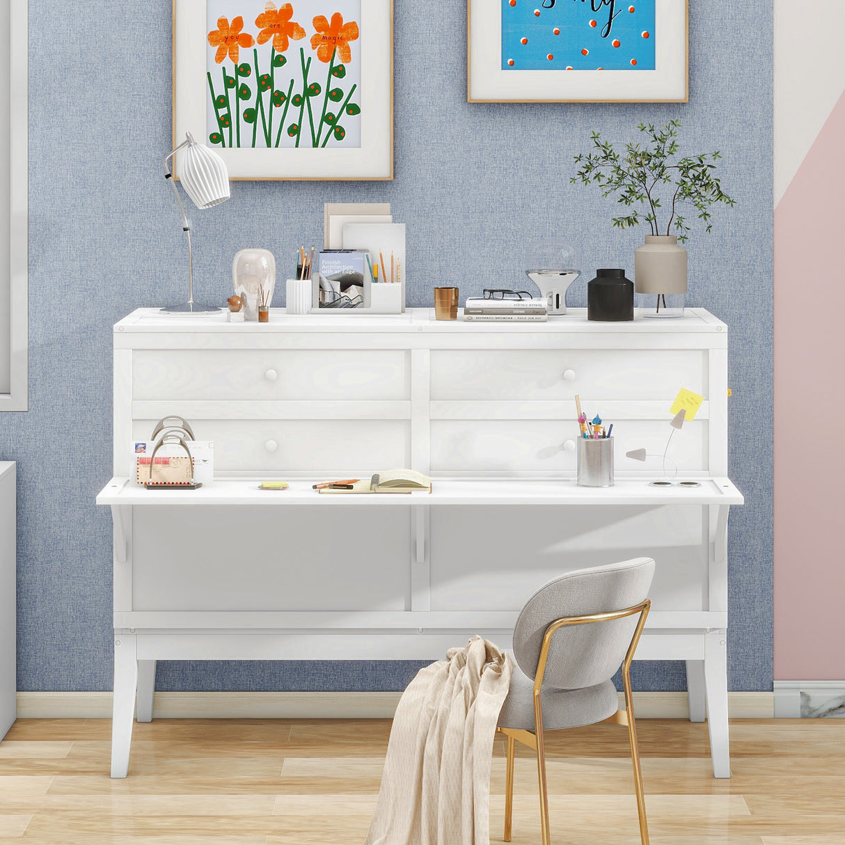 Queen Size Murphy Bed with Built-In Charging Station and a Shelf White