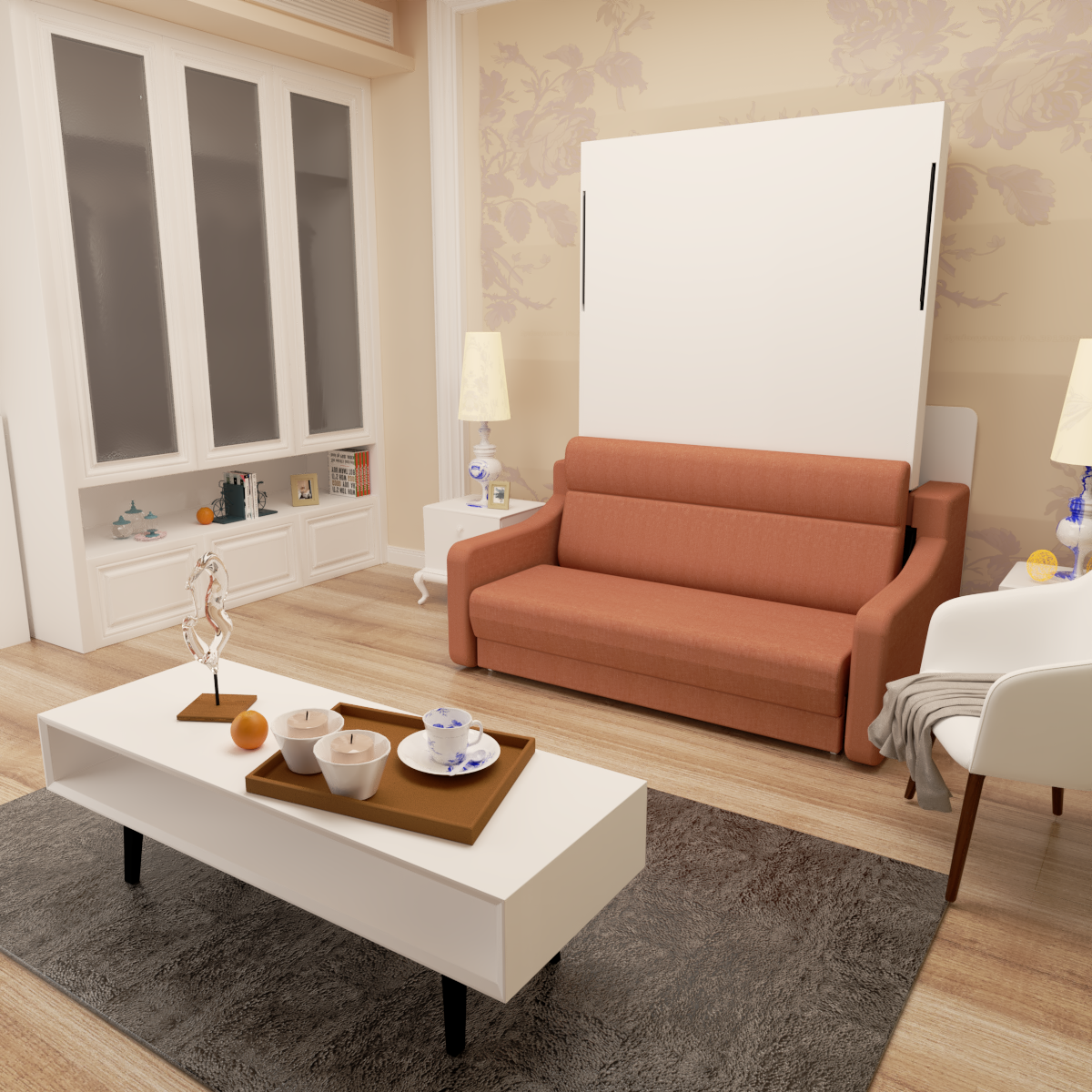 Full size Morden Deisgn vertical Murphy bed with sofa and drawers, white wall bed, space saving hidden bed with new gas pillars - V.I.P Digital Presence