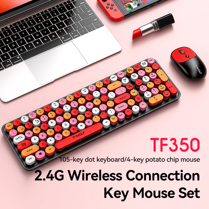 T-WOLF Thunder Wolf TF350 Wireless Keyboard and Mouse Set for Girls, Colorful Punk Retro Mouth Red Round Key Cap - V.I.P Digital Presence