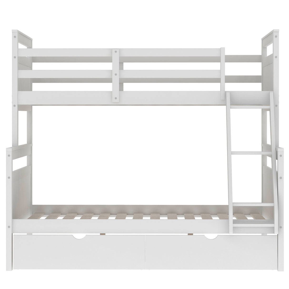 Twin over Full Bunk Bed with Ladder, Two Storage Drawers, Safety Guardrail White