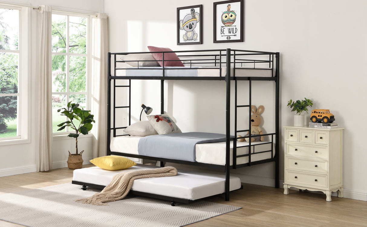 Twin bunk bed frame with trailer, metal bunk bed with sturdy guardrail and side ladder, can be divided into two beds, black - V.I.P Digital Presence