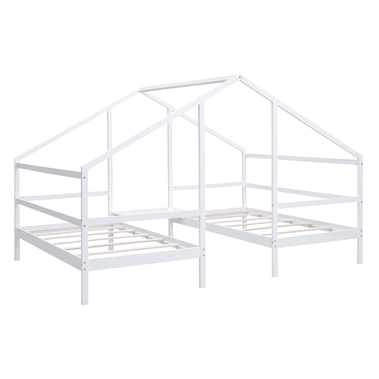 Double Twin Size Triangular House Beds with Built-in Table White