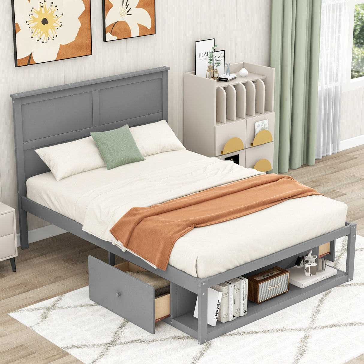 Full Size Platform Bed with Drawer on the Each Side and Shelf on the End of the Bed Gray