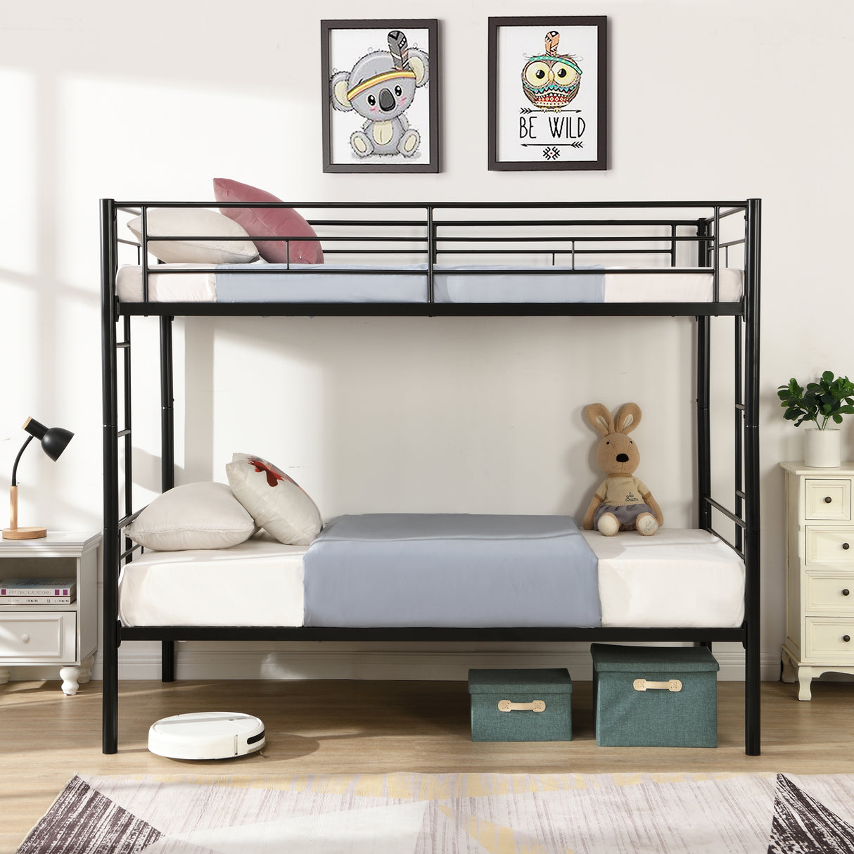 Double decker bed, size above twin bed, with 2 ladders and full-length guardrail, metal, storage space, black - V.I.P Digital Presence