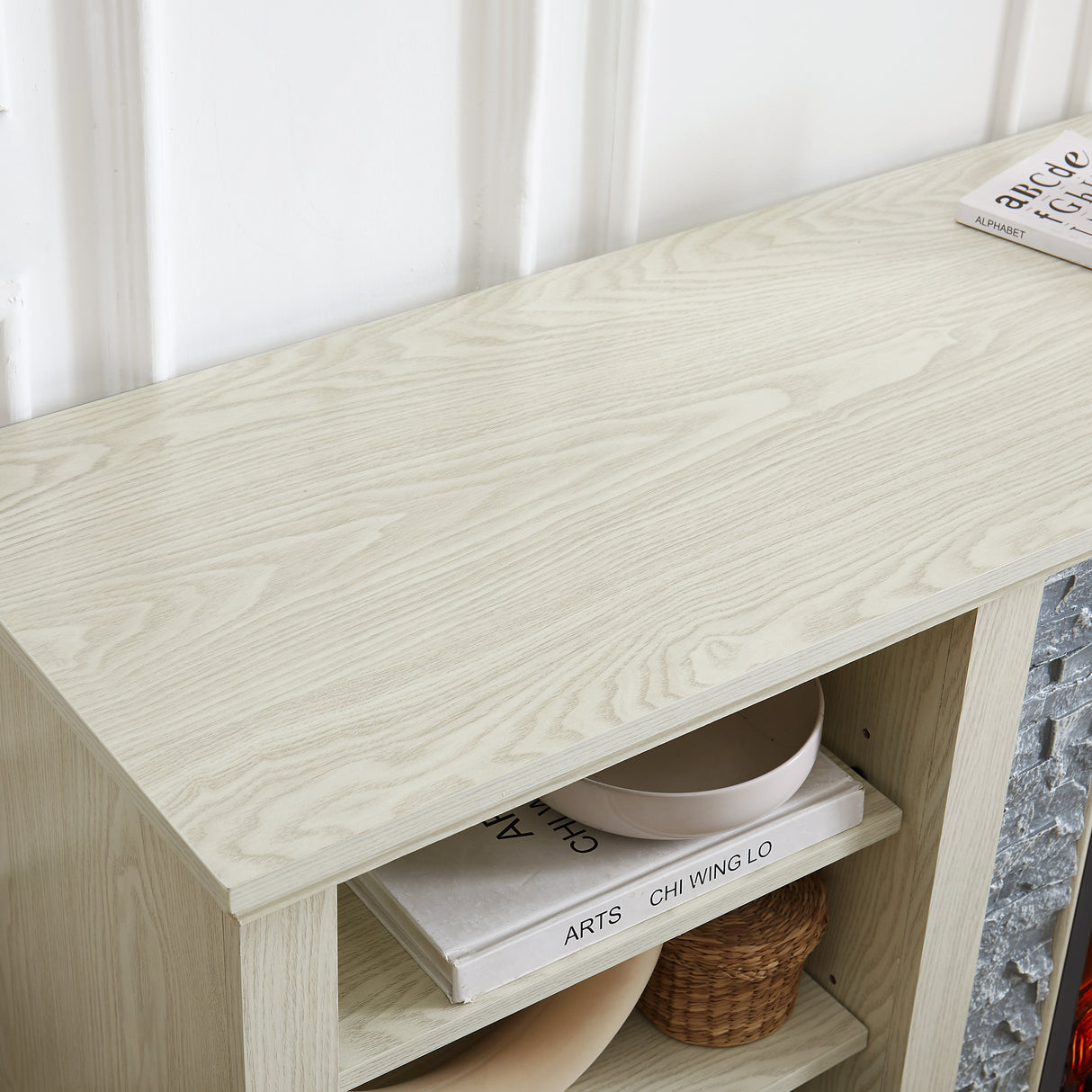 Mantel electric fireplace stone TV media stand, open storage console space, with 18 inch fireplace insert, white - V.I.P Digital Presence