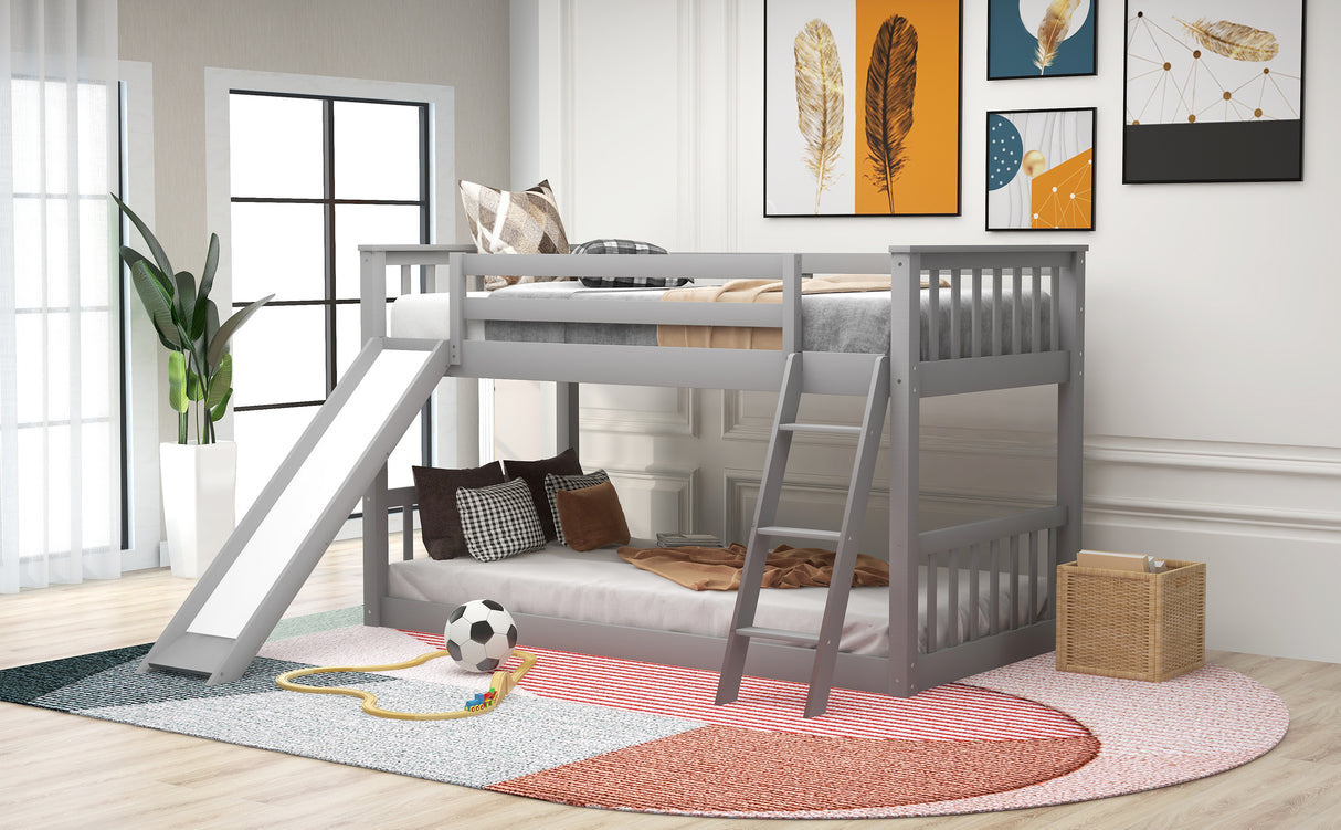 Twin over Twin Bunk Bed with Convertible Slide and Ladder Gray