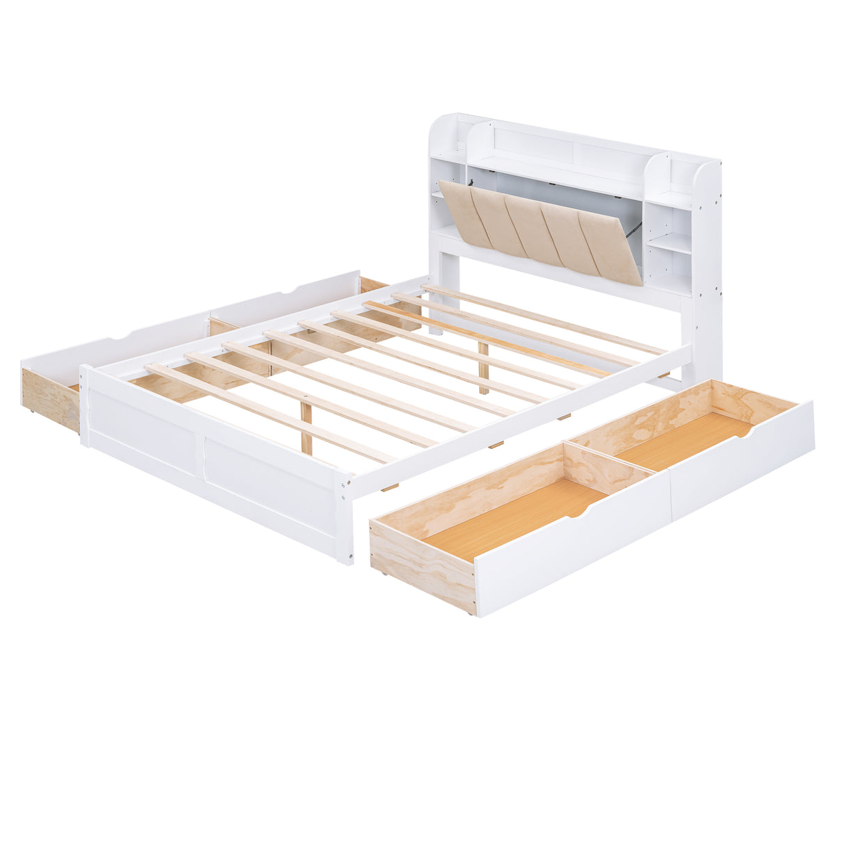 Wood Queen Size Platform Bed with Storage Headboard Shelves and 4 Drawers White