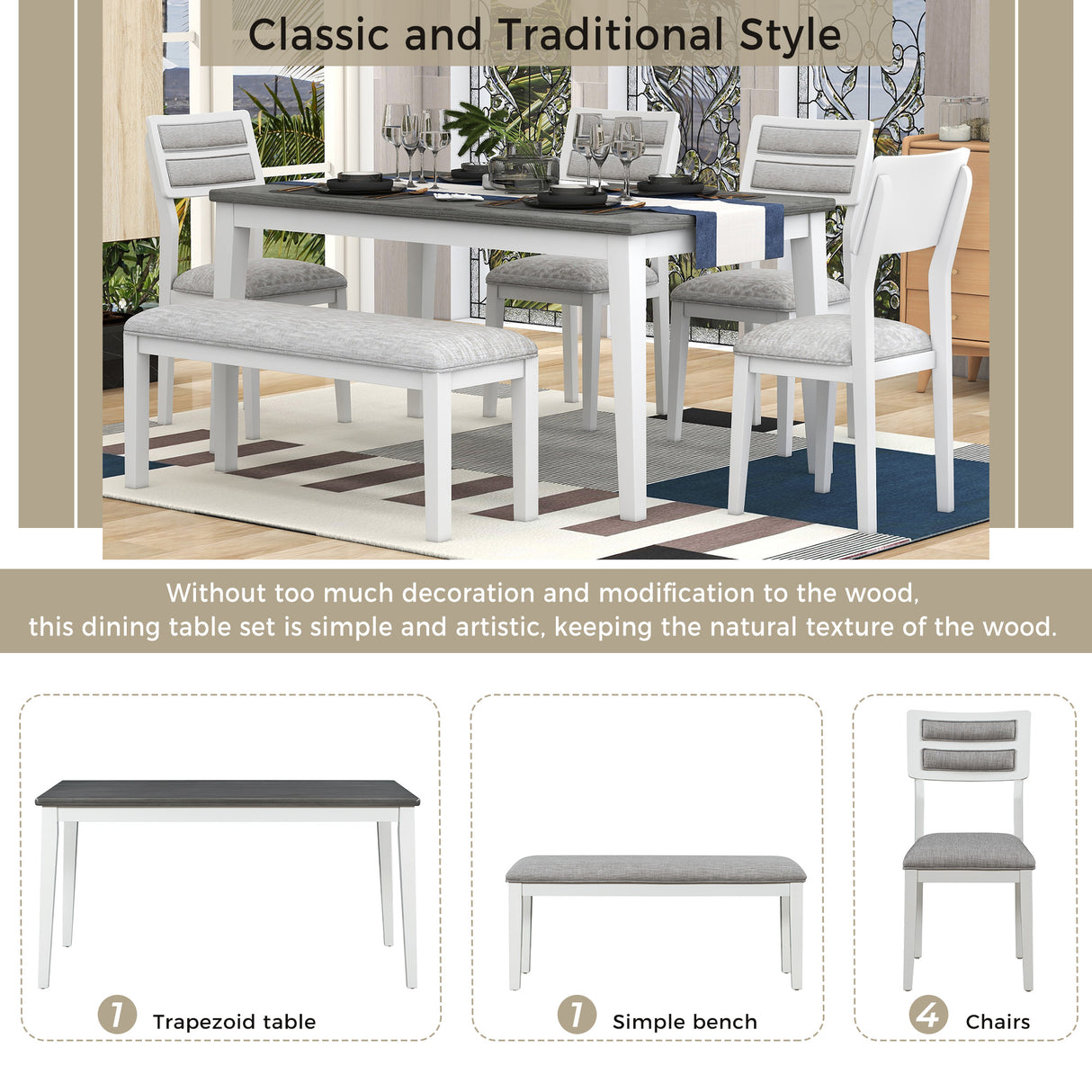 TREXM Classic and Traditional Style 6 - Piece Dining Set, Includes Dining Table 4 Upholstered Chairs & Bench (White+Gray)