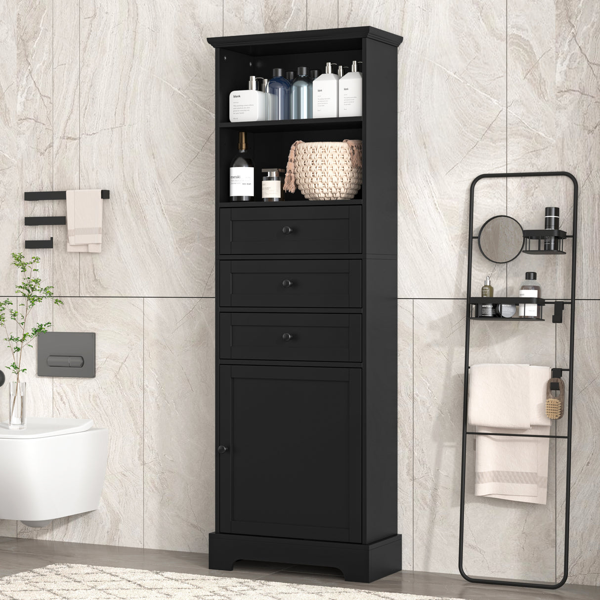 Black high storage cabinet with 3 drawers and adjustable shelves, MDF board painted - V.I.P Digital Presence