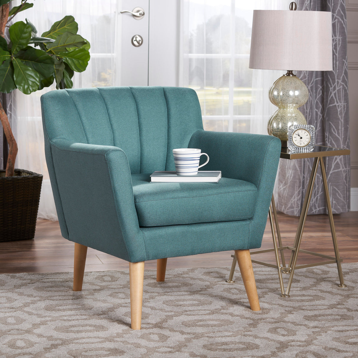Mid Century Modern Fabric Club Chair, 28.30" W x 27.60" D x 31.50" H, Dark Teal/Natural - V.I.P Digital Presence