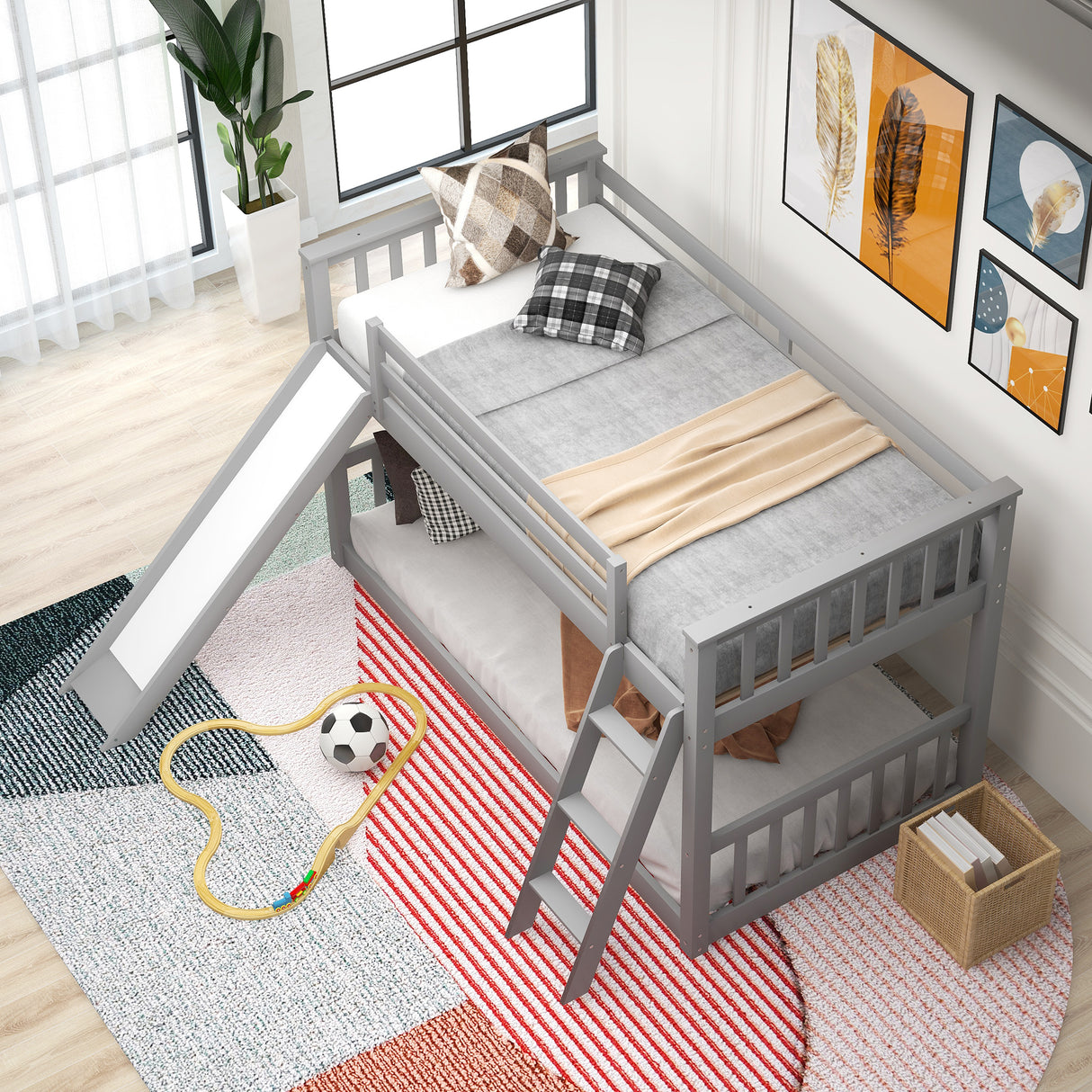 Twin over Twin Bunk Bed with Convertible Slide and Ladder Gray