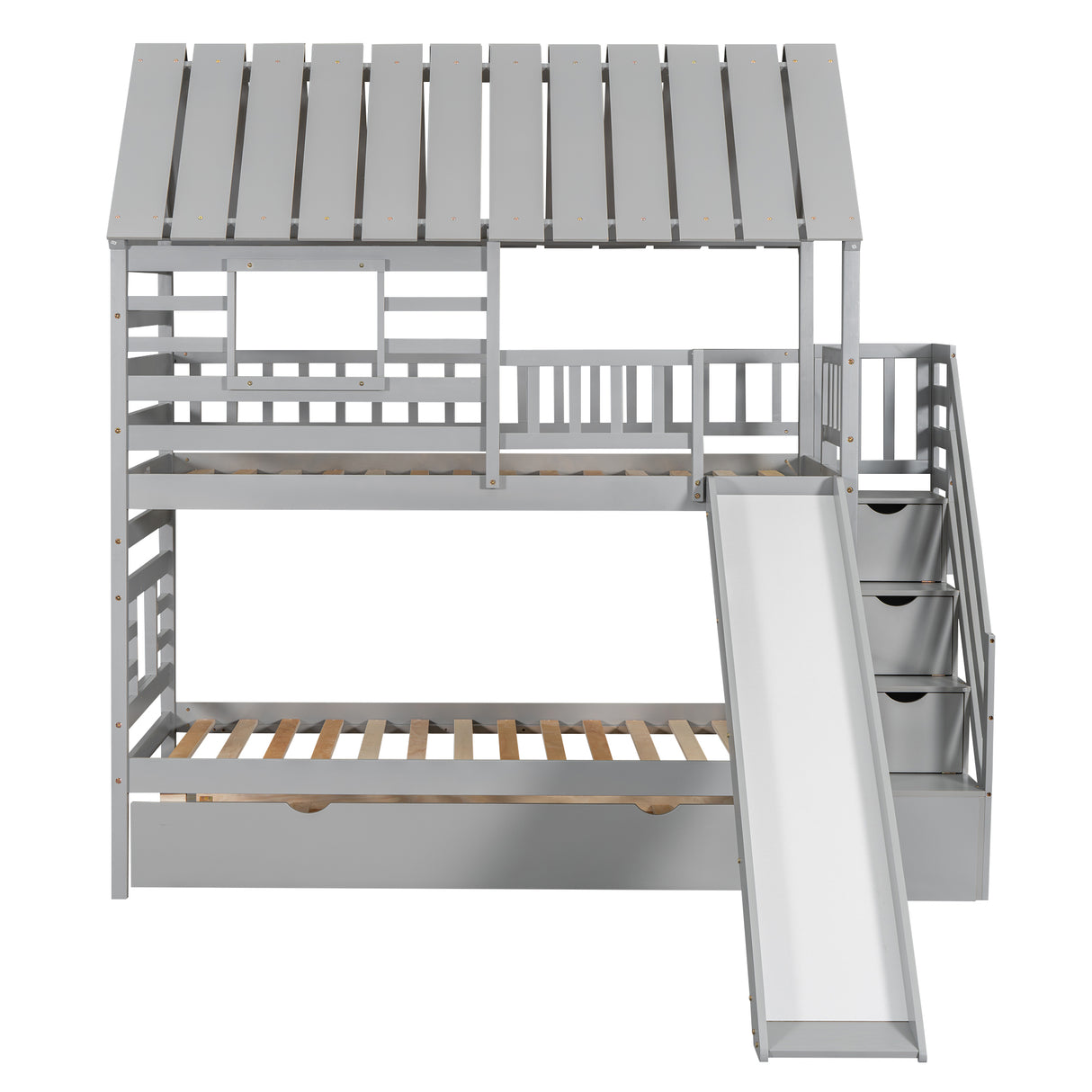 Twin over Twin House Bunk Bed with Trundle and Slide Storage Staircase, Roof and Window Design Gray