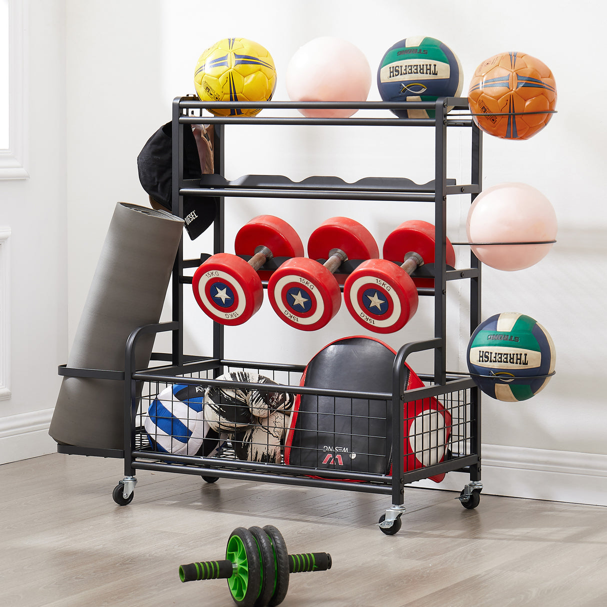Four layer metal storage rack, large ball storage rack with rollers, baskets, and hooks - V.I.P Digital Presence