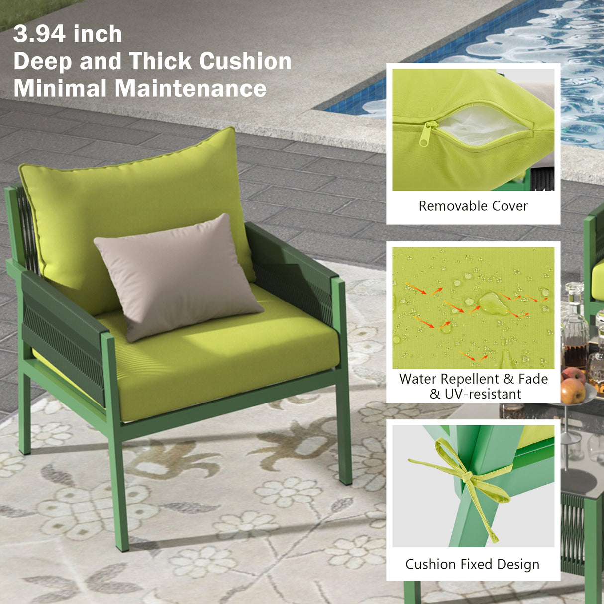 Outdoor Furniture with Tempered Glass Table, Set Deep Seating with Thick Cushion (Fluorescent Yellow & Green)