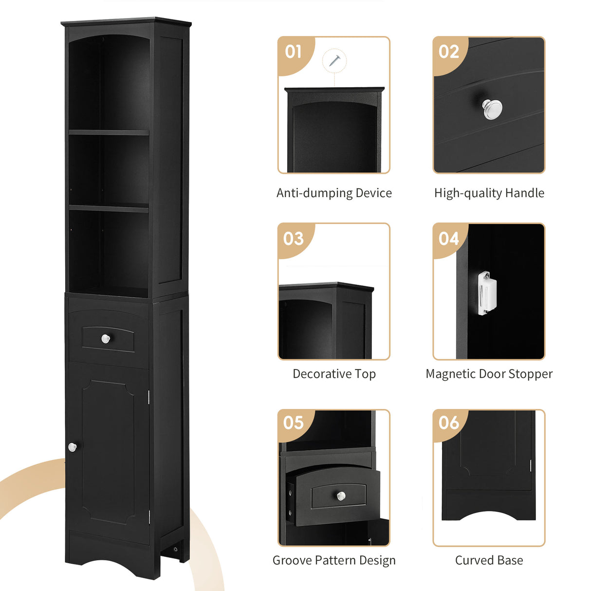 Tall Bathroom Cabinet, Freestanding Storage Cabinet with Drawer, MDF Board, Adjustable Shelf, Black - V.I.P Digital Presence