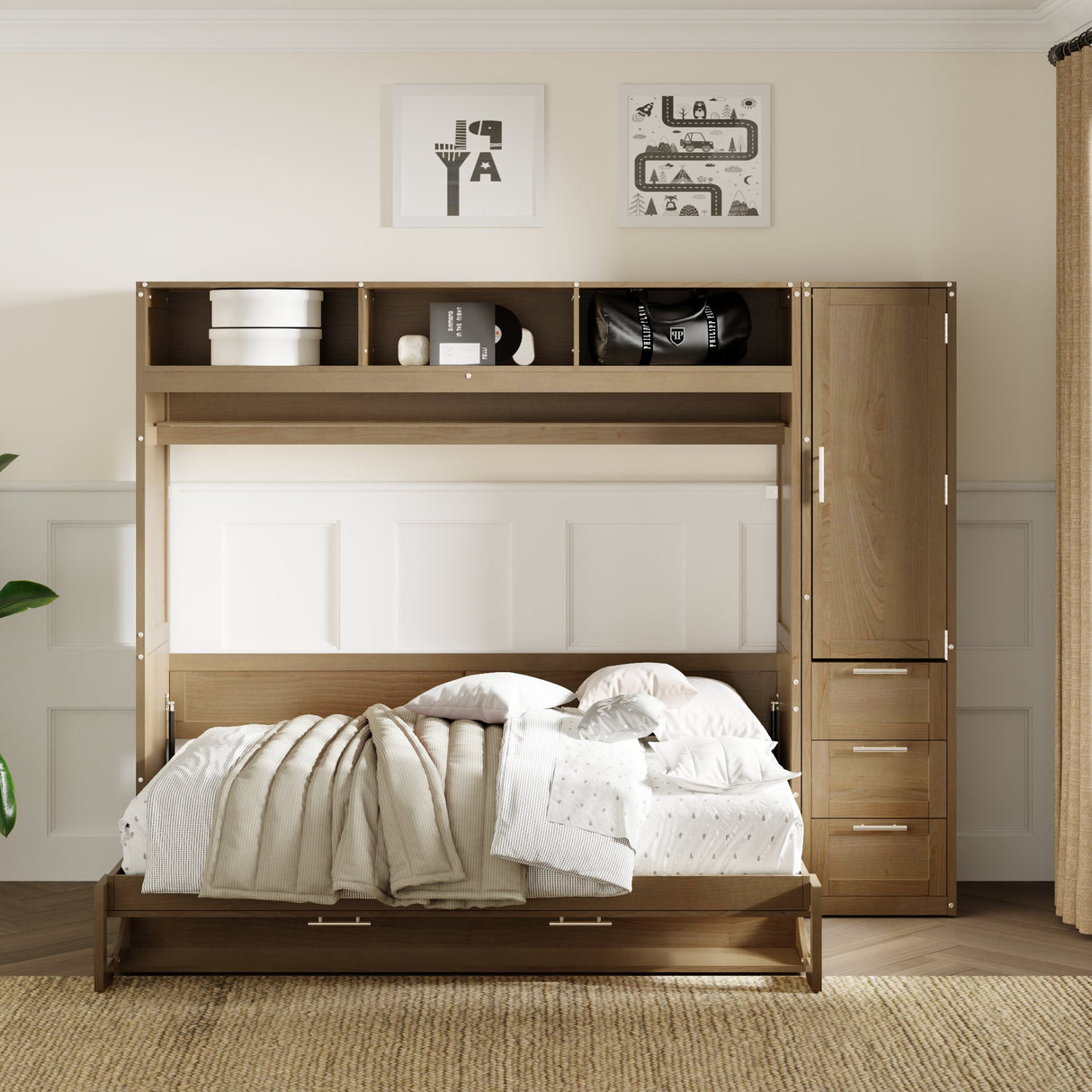 Full Size Murphy Bed with Wardrobe, Drawers and Open Shelves, Antique Grey - V.I.P Digital Presence