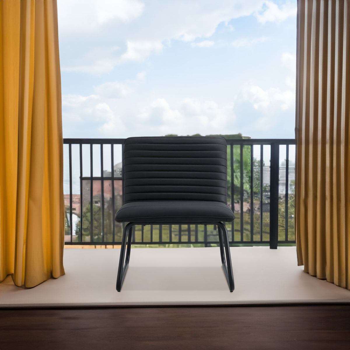 Black minimalist armless sofa chair with PU backrest paired with black metal legs
