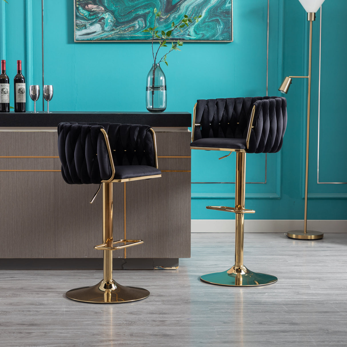 Set of 2 Bar Stools with Chrome Footrest and Base Swivel Height Velvet + Golden Leg Simple Bar Stool-Black