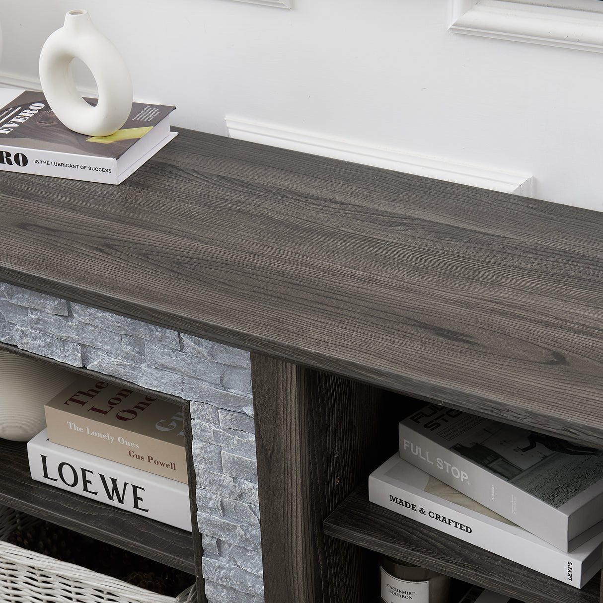 Mantel Stone modern entertainment console, manually stacked stone surrounds open storage space, gray - V.I.P Digital Presence