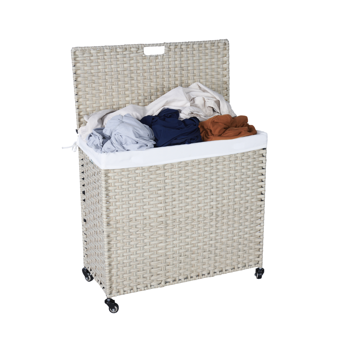 Laundry Hamper With Lid PE Rattan Powder Coating Frame Clothes Hampers with 02 Removable Bags, Wheels, 160L, Grey Color - V.I.P Digital Presence