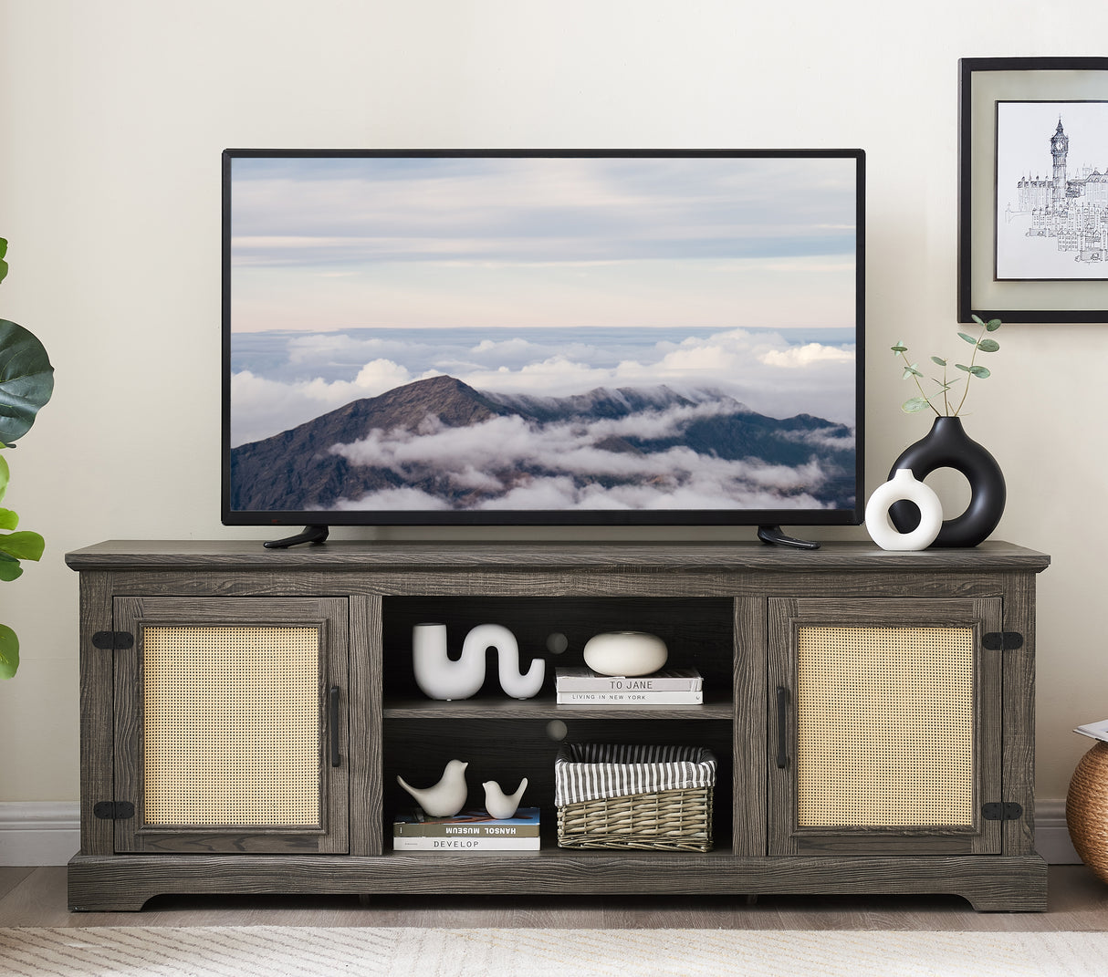 Vine TV stand console table, suitable for TVs under 70 inches, equipped with 2 storage shelves and 2 natural rattan doors, gray - V.I.P Digital Presence