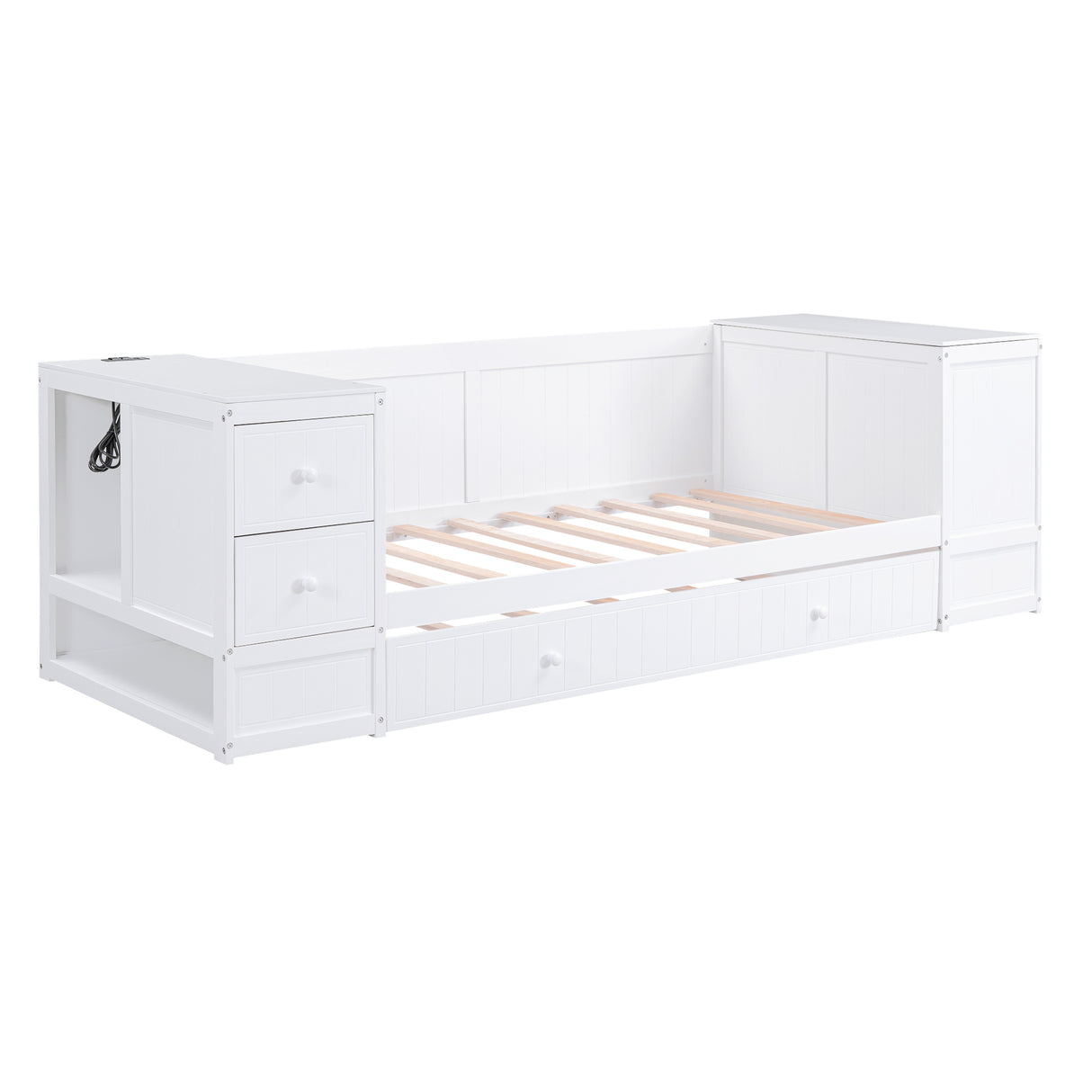 Twin Size Daybed with Storage Arms Trundle and Charging Station White